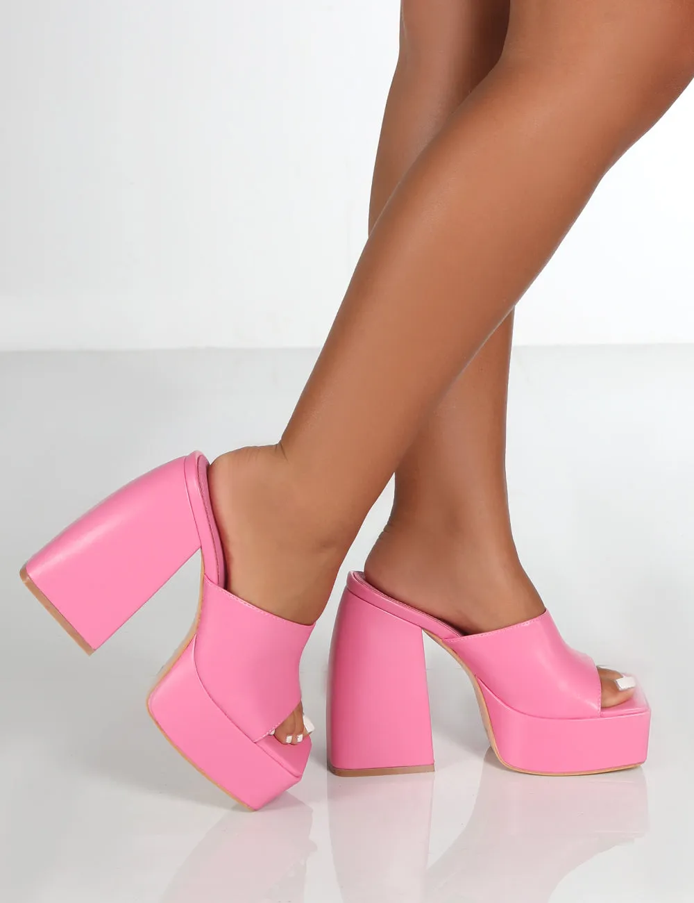 Rozie Pink PU Chunky Heeled Mules