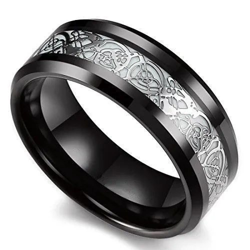 Silver Celtic Dragon Luminous Glow Black Tungsten Carbide Wedding Ring