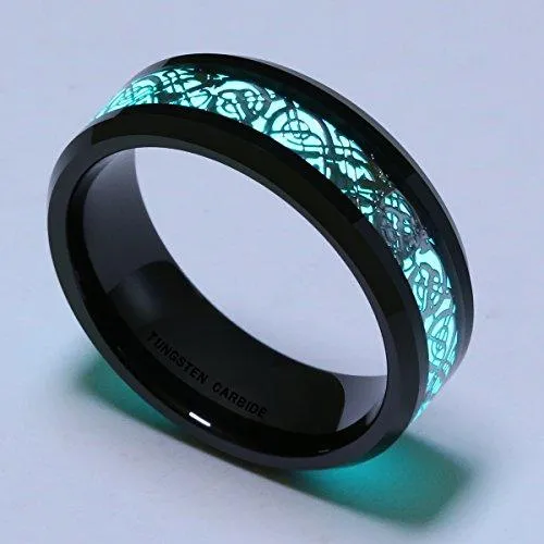 Silver Celtic Dragon Luminous Glow Black Tungsten Carbide Wedding Ring