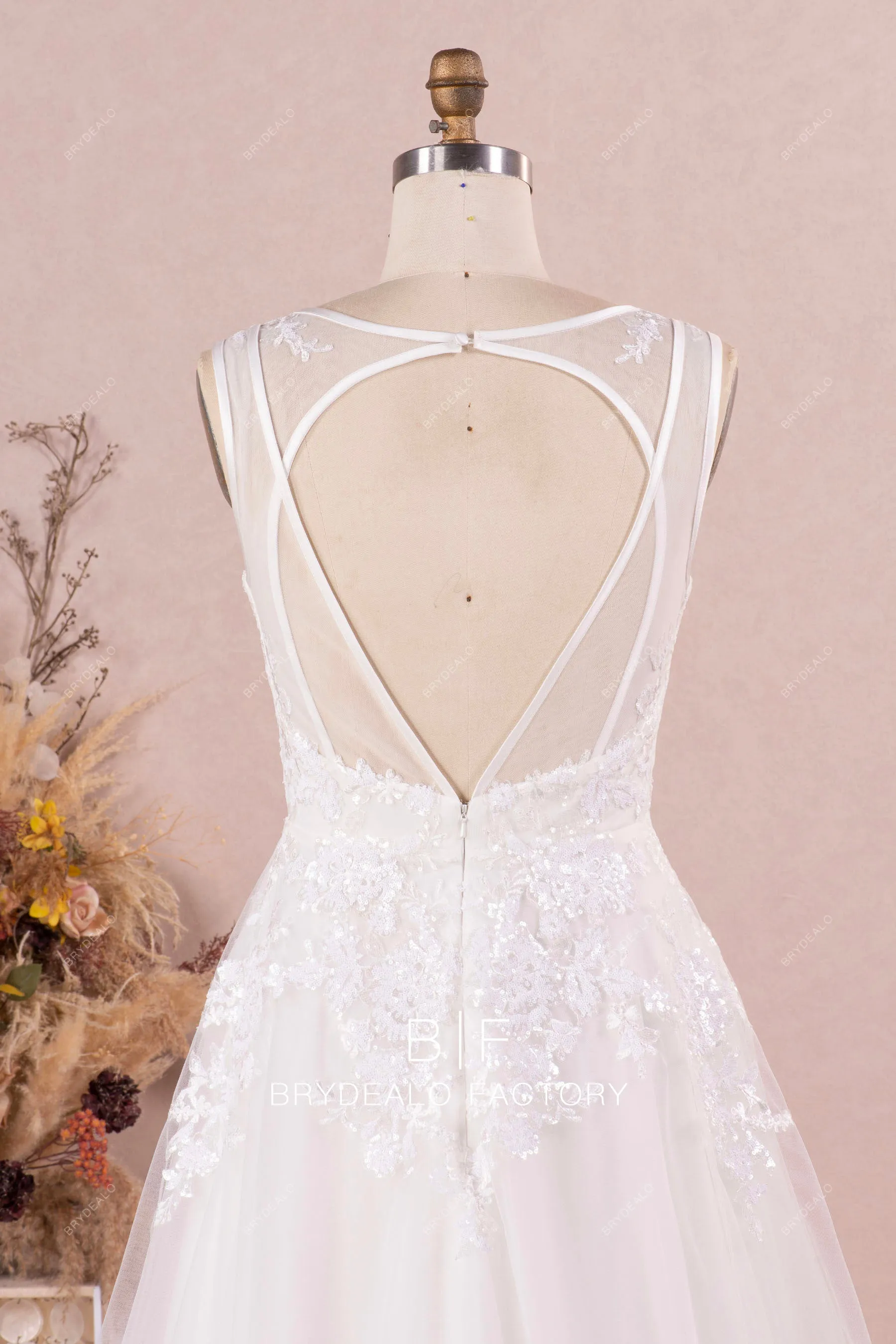 Sleeveless Sparkling Sequined Lace Designer Cutout Back Long Wedding Dress