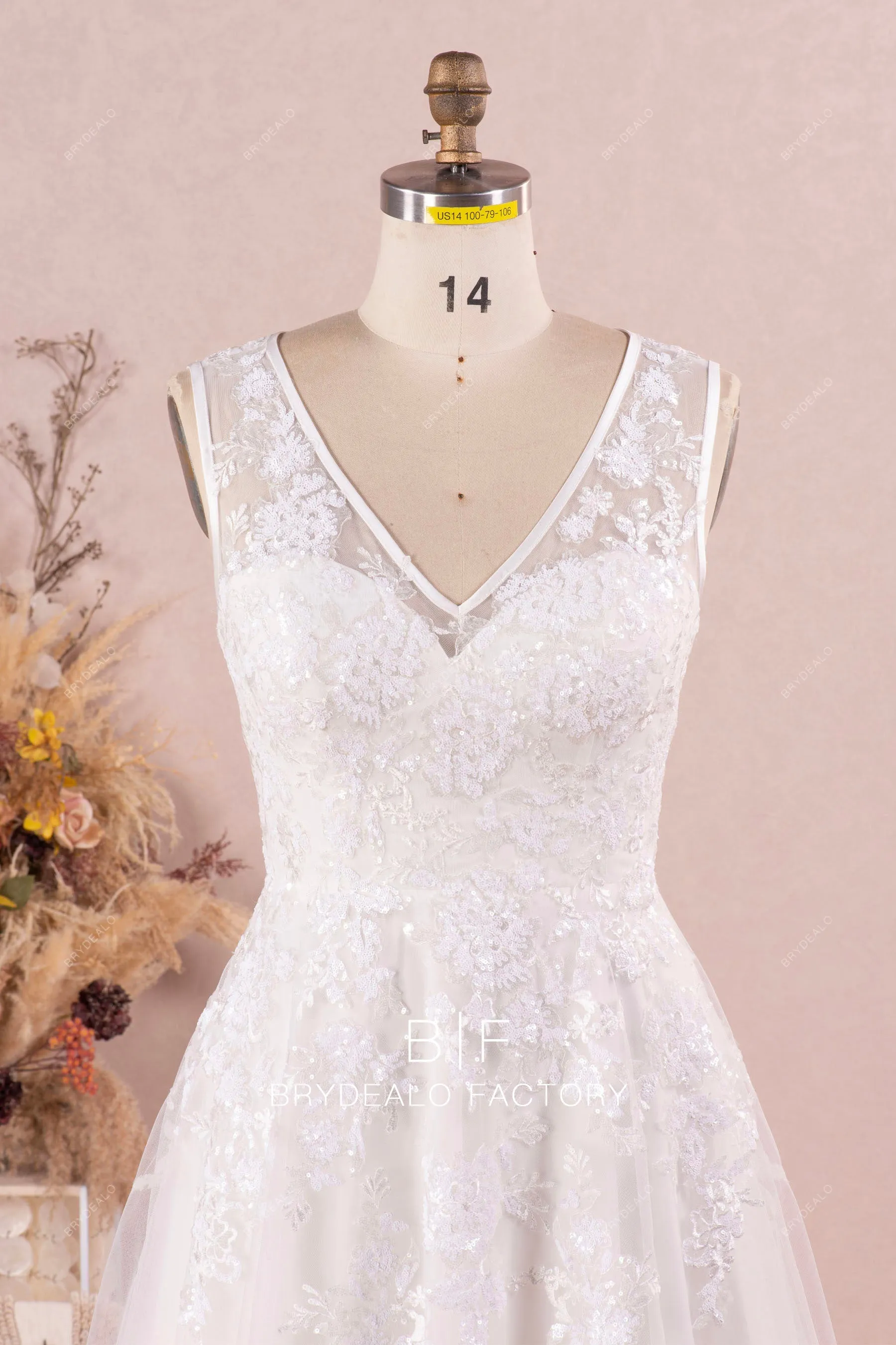 Sleeveless Sparkling Sequined Lace Designer Cutout Back Long Wedding Dress