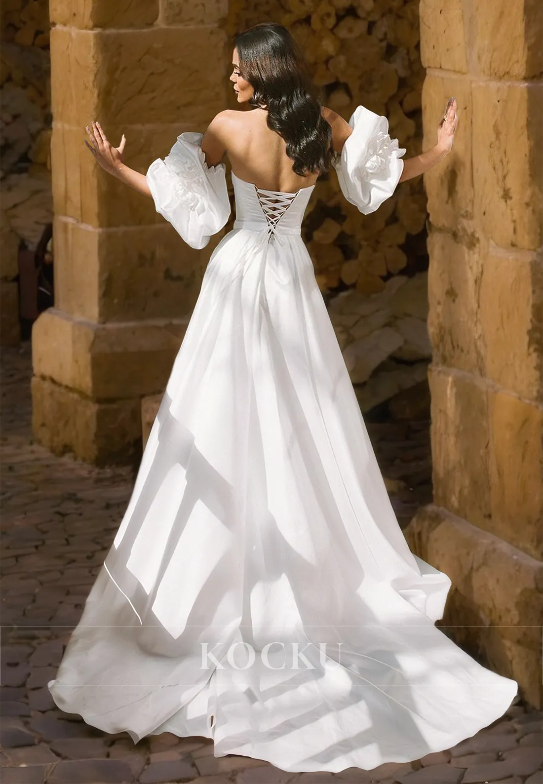 Sweetheart A-Line Puff Sleeves High Slit Pleated Satin Wedding Dress Bridal Dress with Train