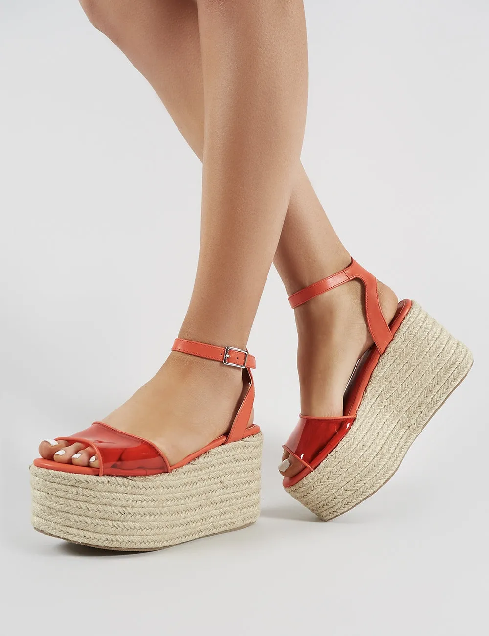 Tarini Clear Perspex Espadrille Flatform Sandals in Red