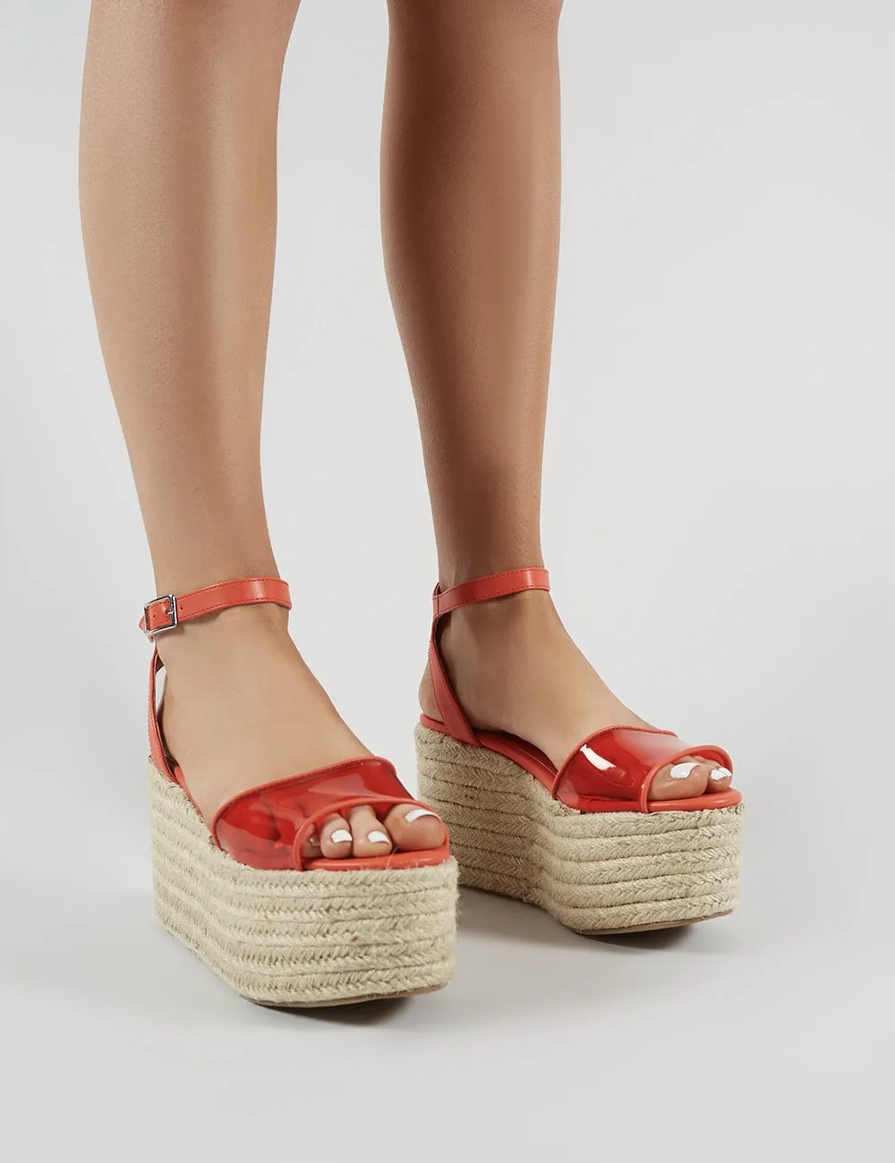 Tarini Clear Perspex Espadrille Flatform Sandals in Red