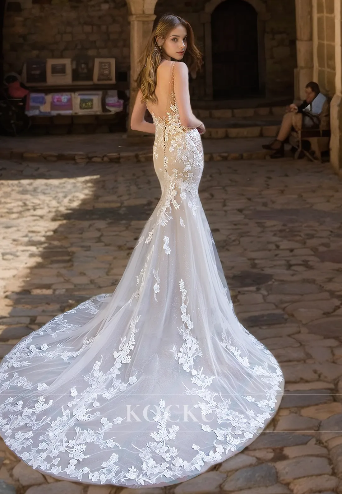 V-Neck Straps Sleeveless Mermaid Sweep Train Beads Lace Wedding Gown Bridal Dress with Appliques