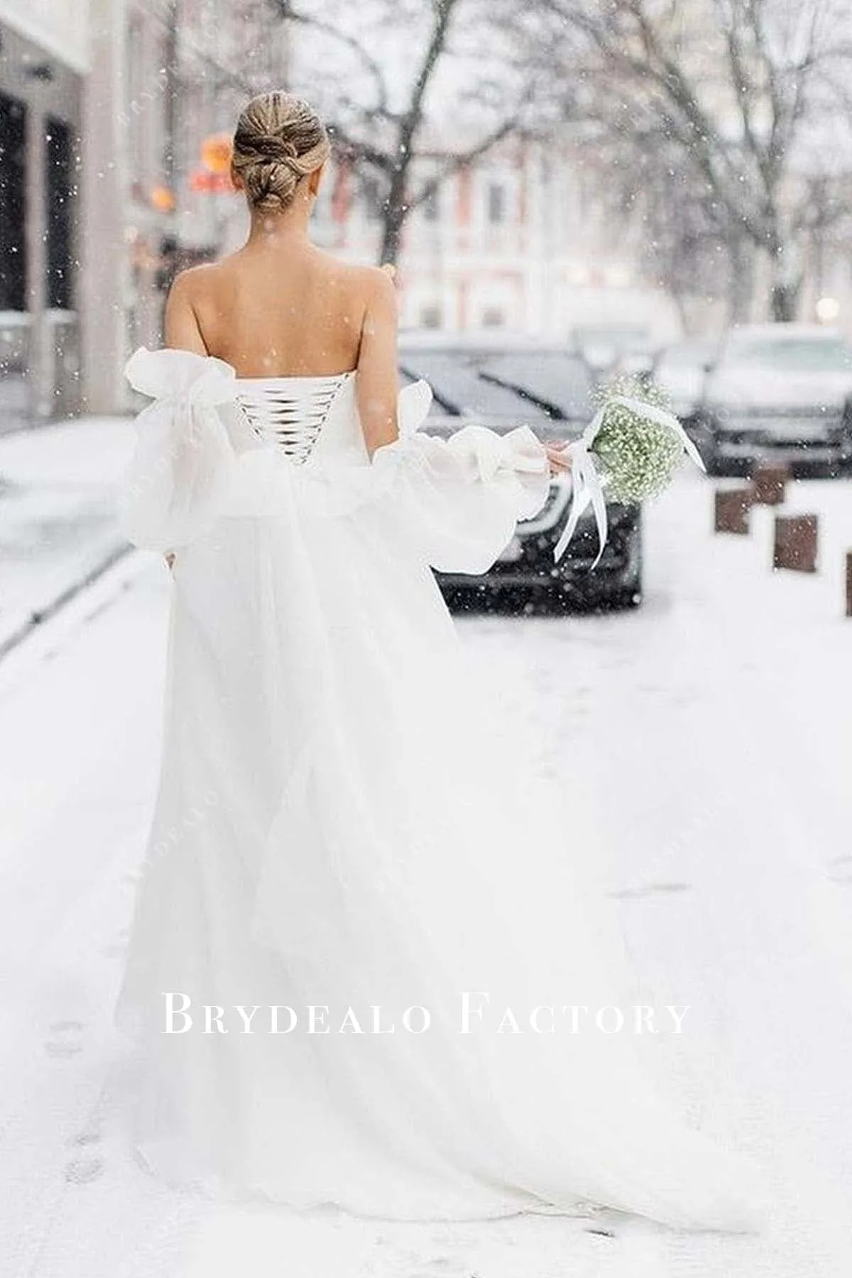 White Organza Off Shoulder Slit A-line Wedding Dress