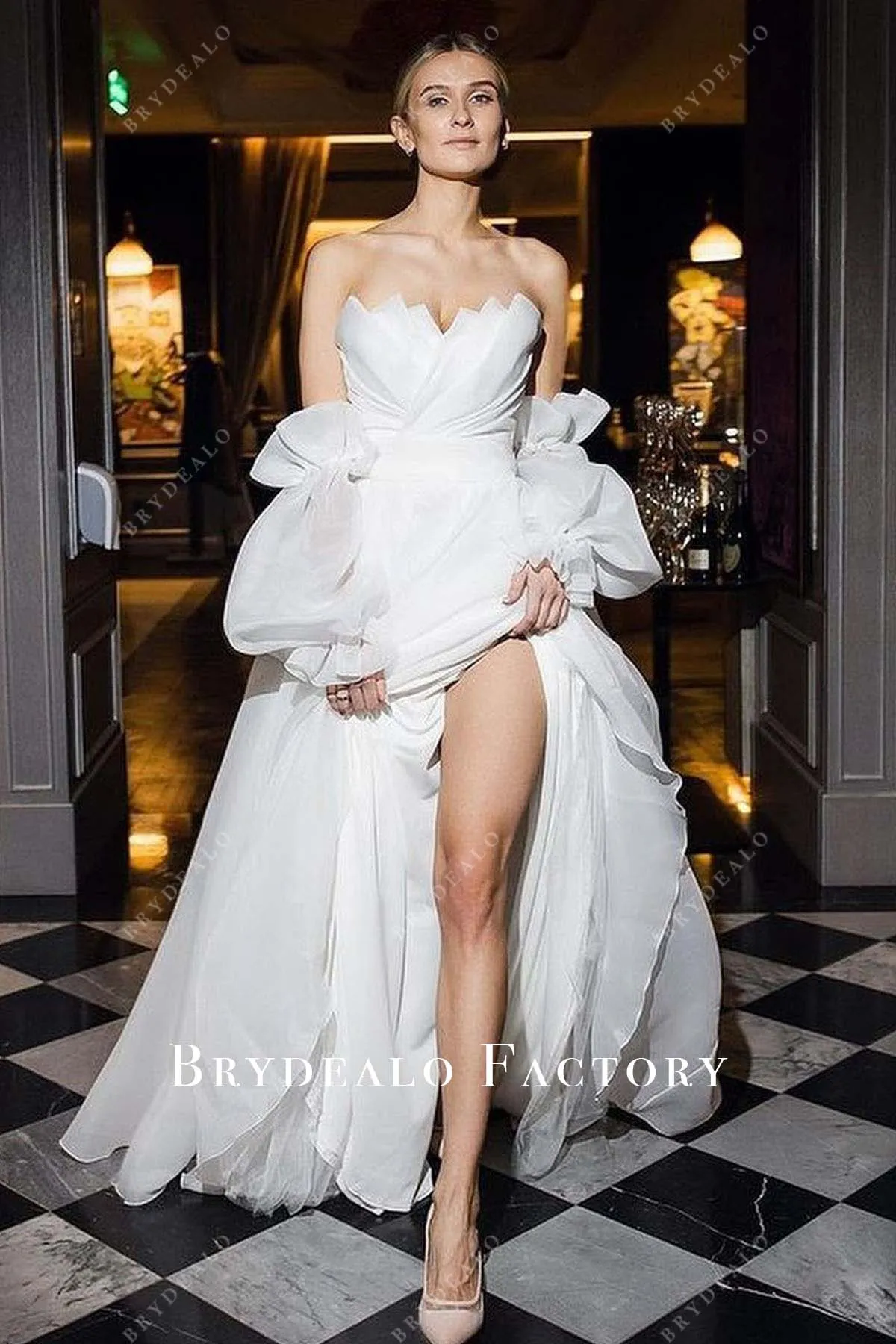 White Organza Off Shoulder Slit A-line Wedding Dress