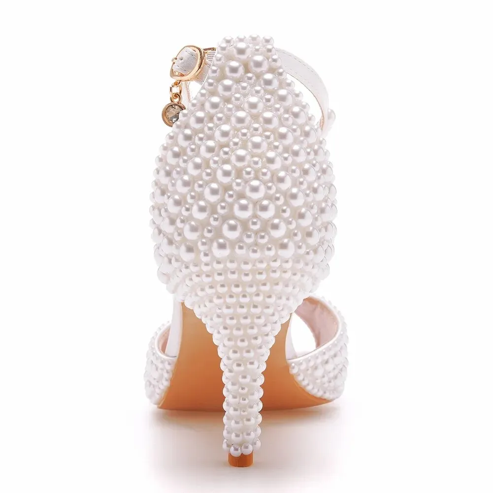 Women Crystal Queen White Pearl Sandals Open Toe High Heels Lady Luxury Wedding Shoes - WSHP50105