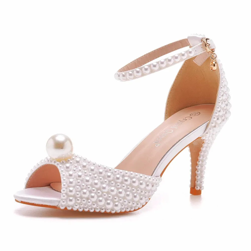 Women Crystal Queen White Pearl Sandals Open Toe High Heels Lady Luxury Wedding Shoes - WSHP50105