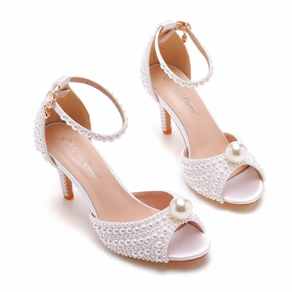 Women Crystal Queen White Pearl Sandals Open Toe High Heels Lady Luxury Wedding Shoes - WSHP50105